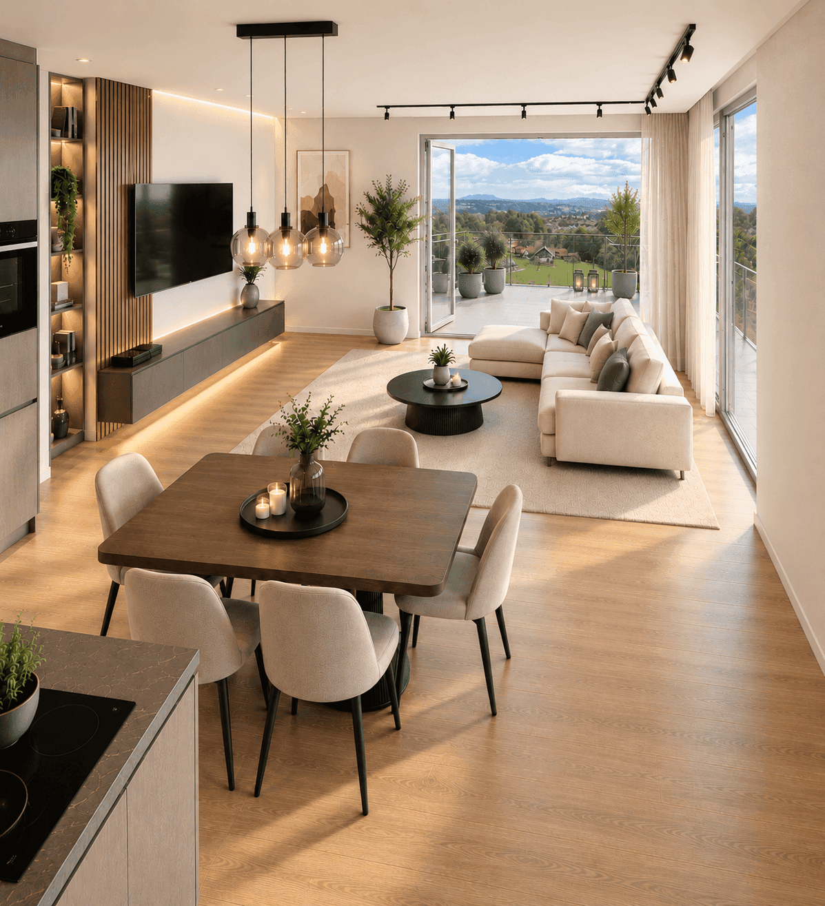 Heller offener Wohn- und Essbereich mit moderner Einrichtung, Holzboden und Zugang zur Terrasse mit Weitblick.