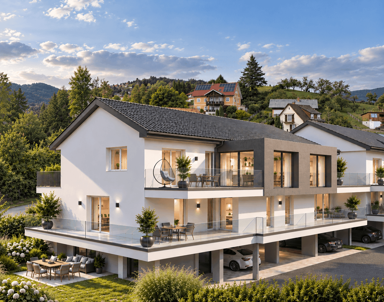 Moderne Wohnanlage mit mehreren Terrassen, Balkonen und Tiefgaragenstellplätzen in grüner Umgebung.