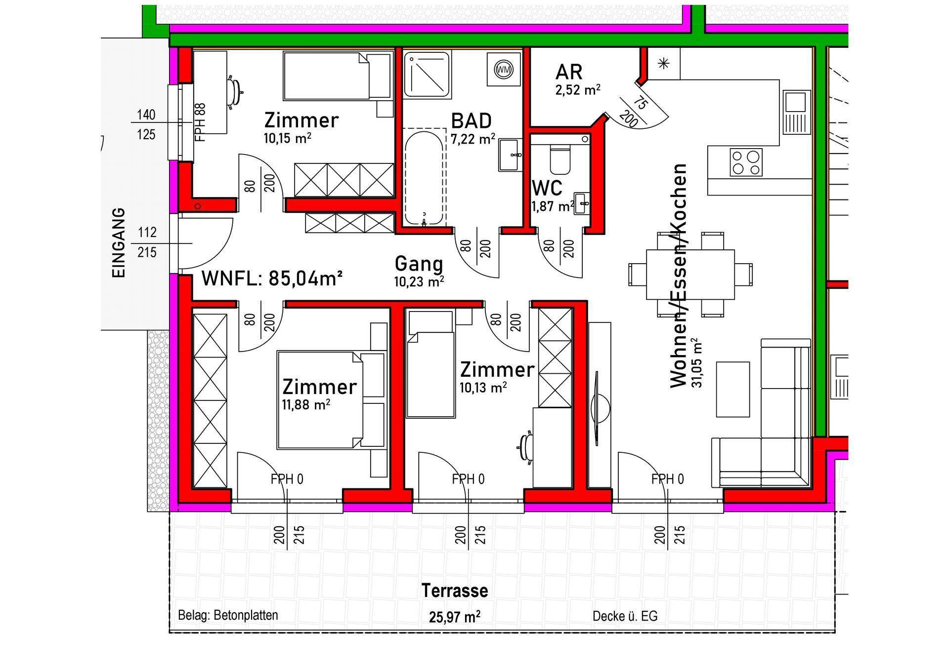 Grundriss einer Wohnung mit offenem Wohn-/Essbereich, mehreren Zimmern und einer Terrasse.