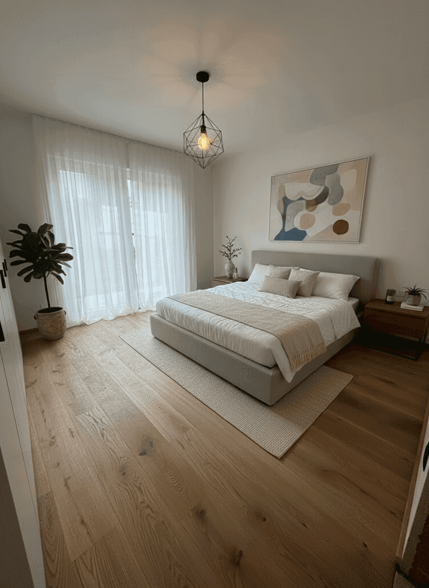 Helles Schlafzimmer mit Holzboden, großem Fenster und Zugang zu einem Balkon.