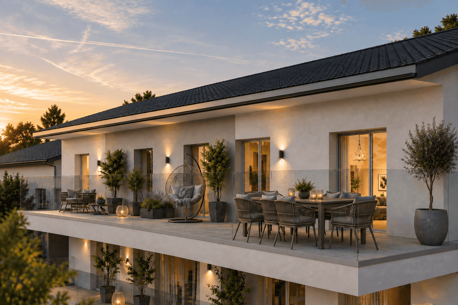 Große, modern gestaltete Terrasse mit Essbereich und Lounge-Möbeln, ideal für entspannte Abende im Freien.