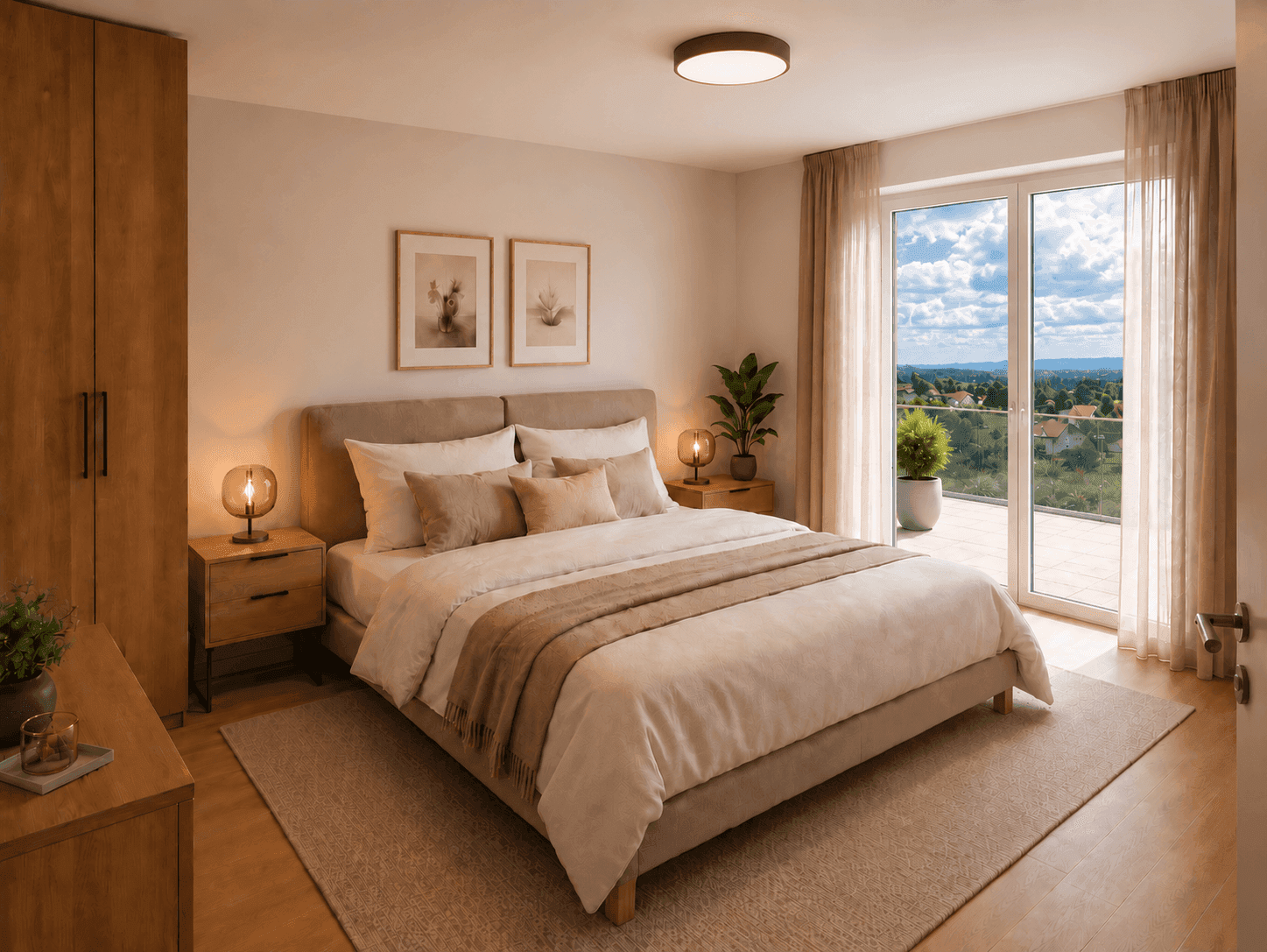 Gemütliches Schlafzimmer mit Holzboden, direktem Zugang zum Balkon und weitem Ausblick.