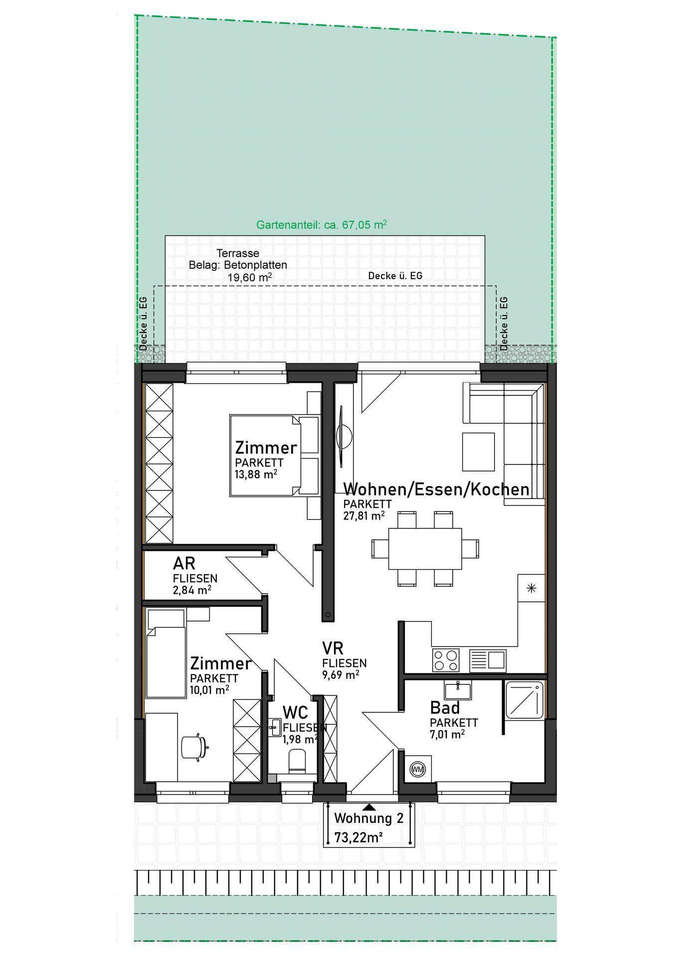 Grundriss einer 73,22m² Wohnung mit zwei Zimmern, Terrasse und Gartenanteil.