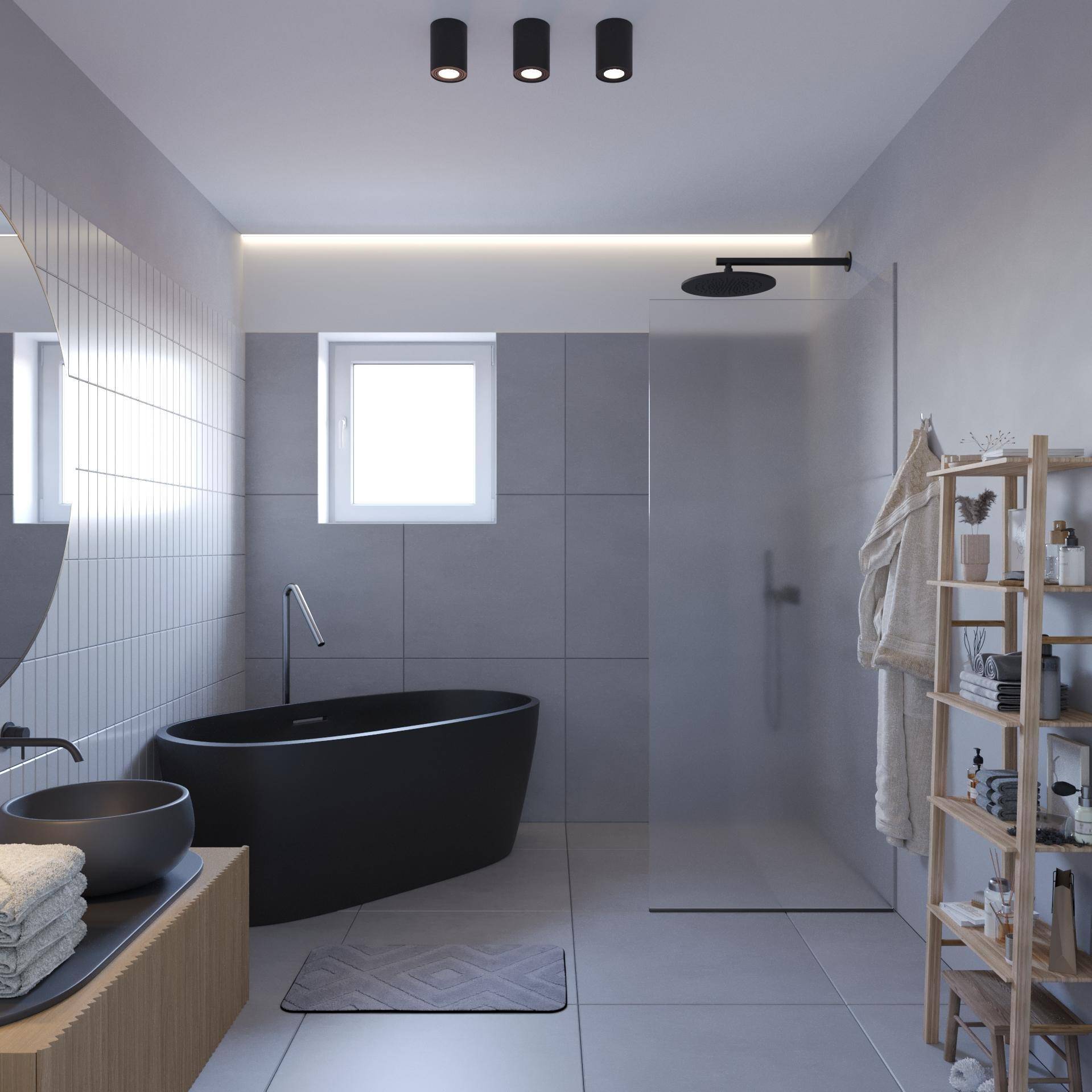 Modernes Badezimmer mit freistehender schwarzer Badewanne, begehbarer Dusche und Fenster.