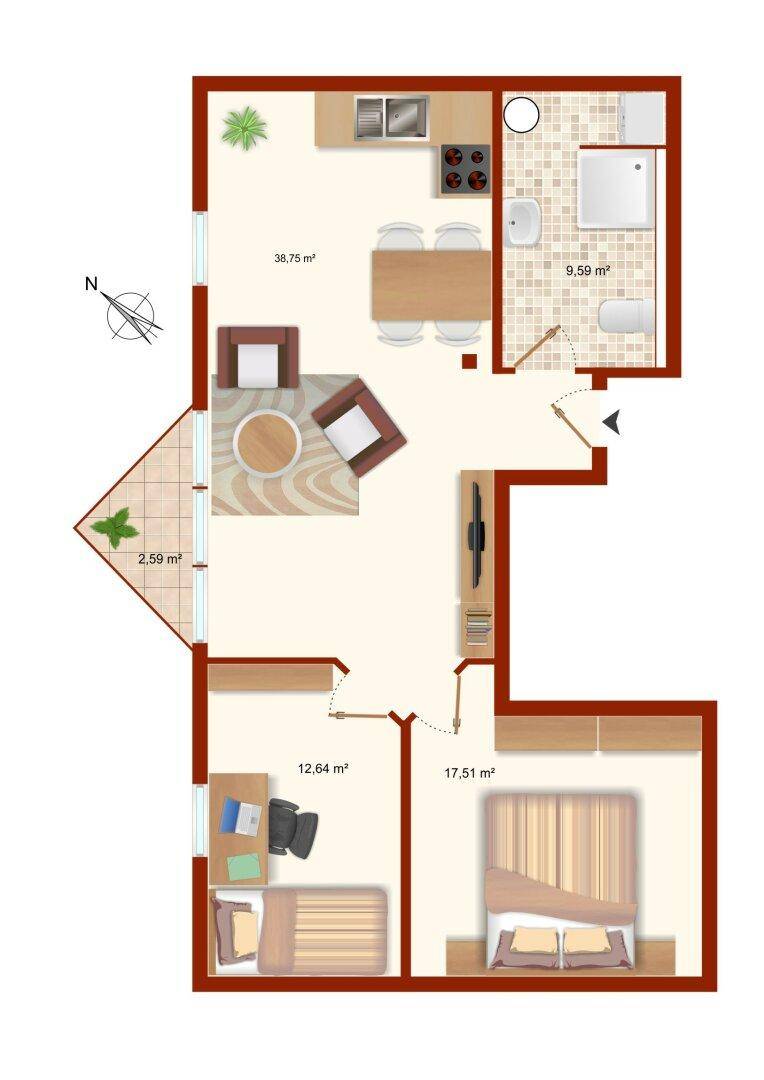 Detaillierter Grundriss einer Wohnung mit zwei Schlafzimmern und Balkon.