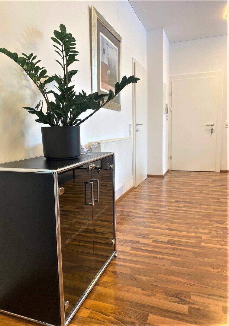 Heller Flur mit einem schwarzen, glänzenden Schrank, einer grünen Pflanze und warmem Holzboden.