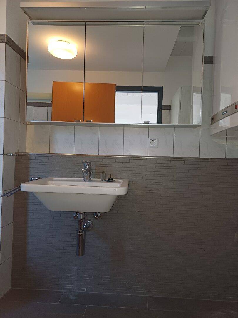 Badezimmer mit Waschbecken, Spiegelschrank und grauen Wandfliesen, die ein modernes Ambiente schaffen.