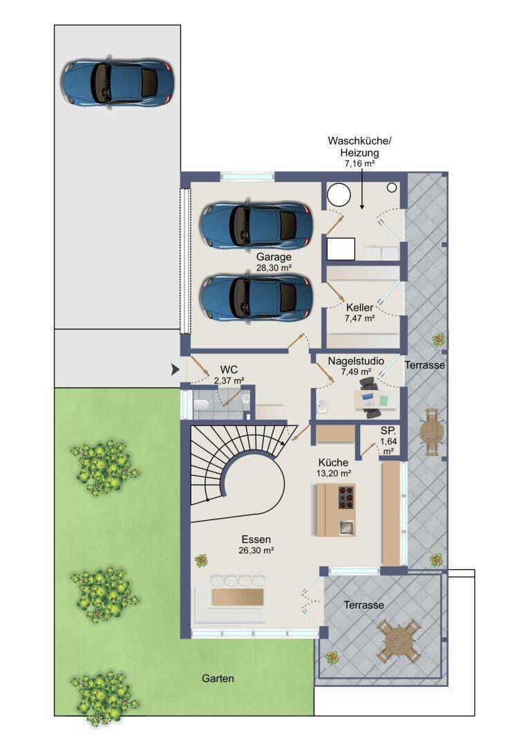 Grundriss des Erdgeschosses mit Garage, Küche, Essbereich und Zugang zur Terrasse und Garten.