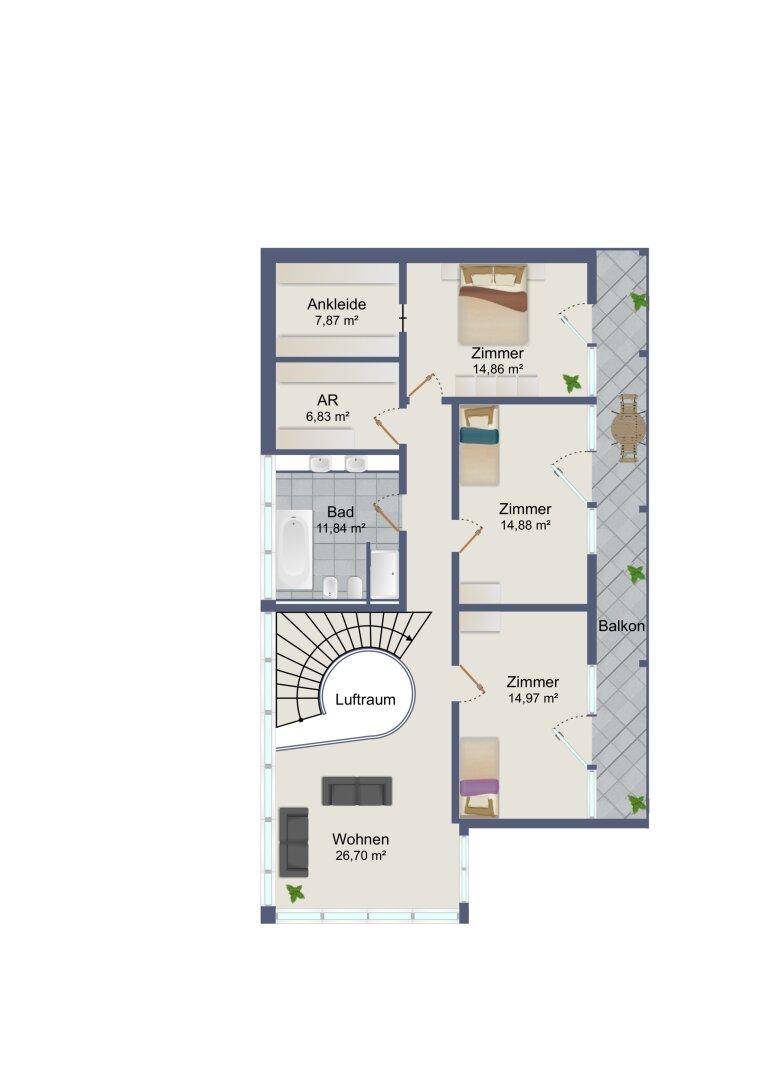 Grundriss des Obergeschosses mit Schlafzimmern, Bad, Ankleide und Balkon.