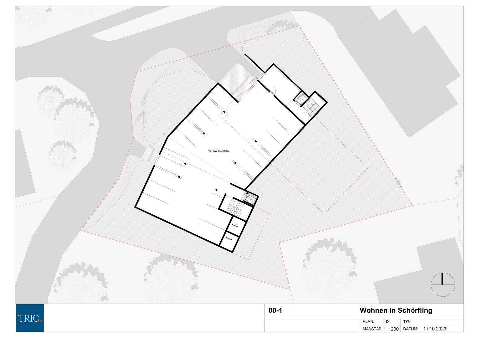 Grundriss des Tiefgaragengeschosses mit mehreren Stellplätzen und Zugangsbereichen.