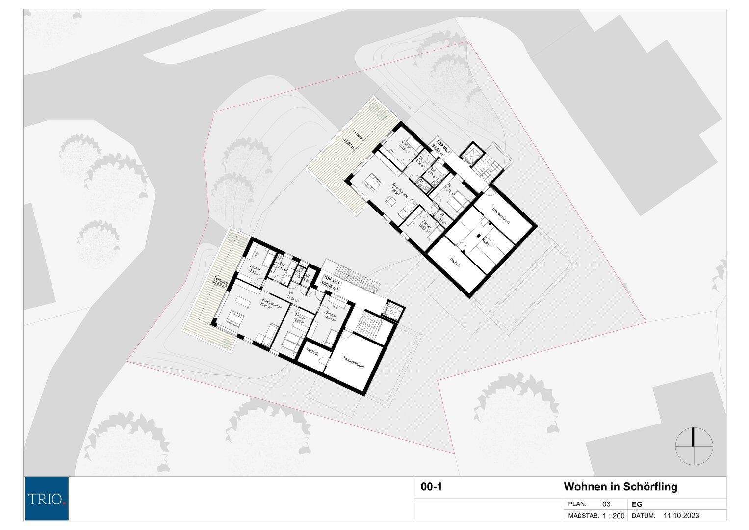Grundriss des Erdgeschosses mit zwei Wohneinheiten, Terrassen und Gartenbereichen.