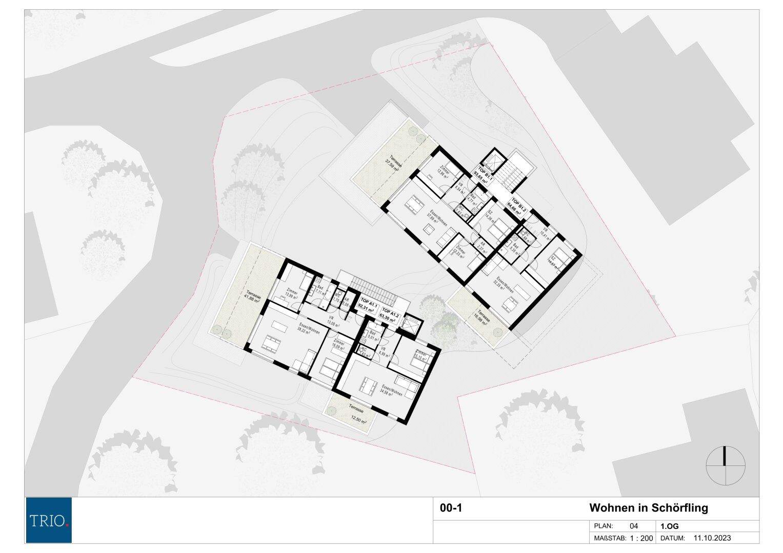 Grundriss des ersten Obergeschosses mit zwei Wohneinheiten, Balkonen und Schlafzimmern.