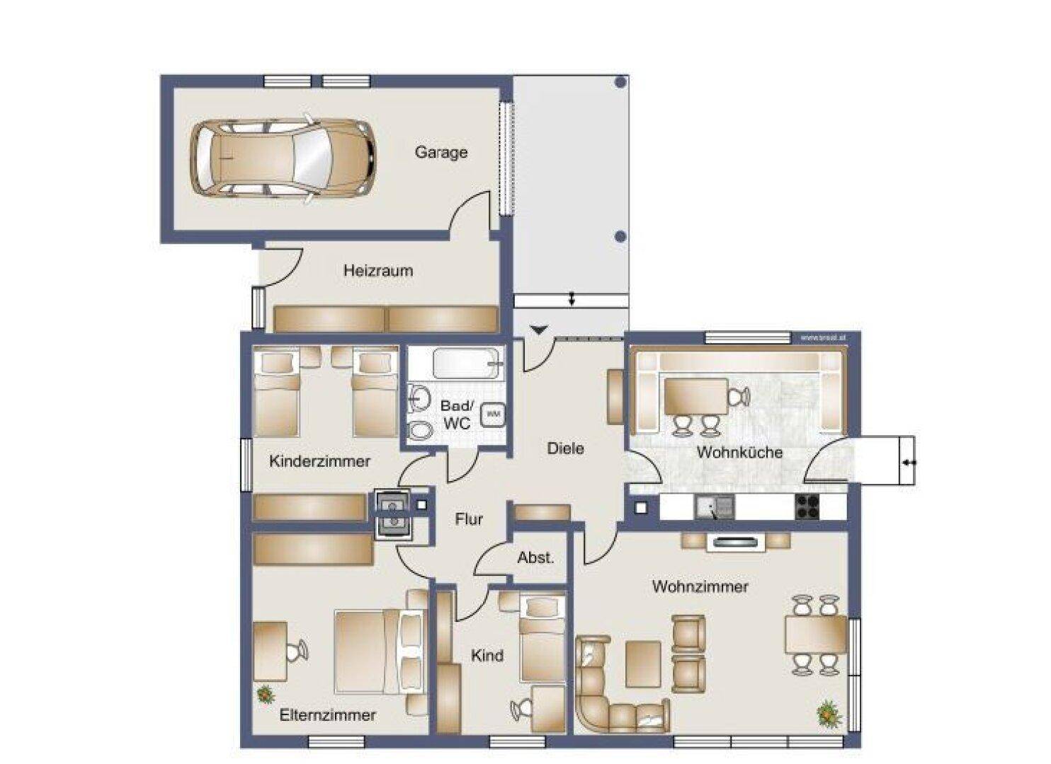 Detaillierter Grundriss des Hauses mit Garage, Heizraum, Wohnküche, Wohnzimmer und mehreren Schlafzimmern.