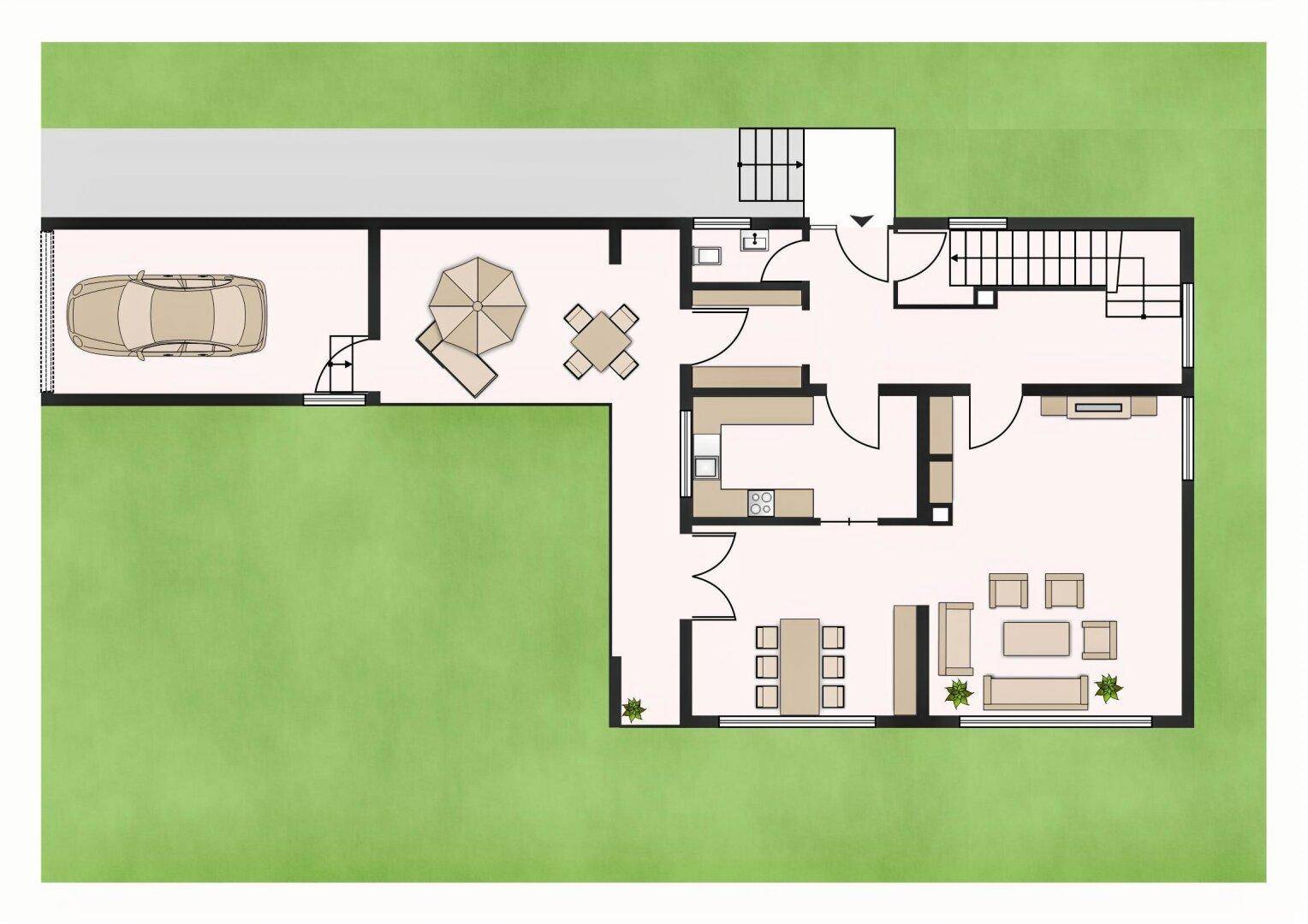 Grundriss des Erdgeschosses mit Garage, Terrasse, offener Küche und Wohn-Essbereich.