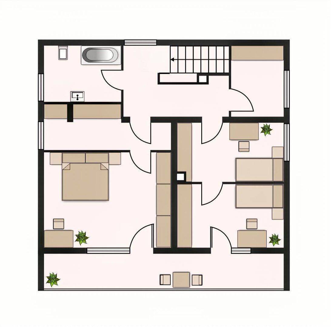 Grundriss des Obergeschosses mit mehreren Schlafzimmern und einem Badezimmer.