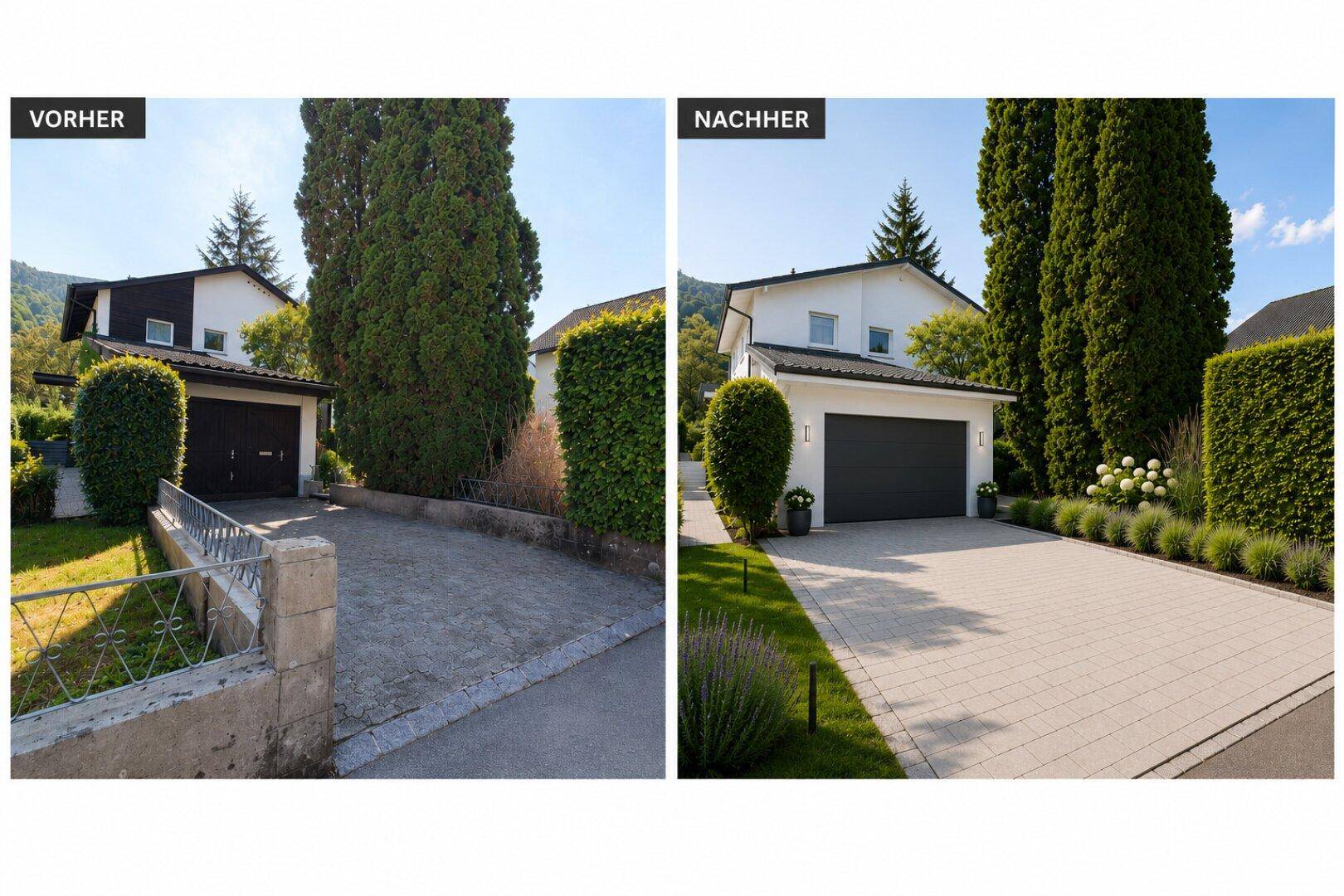Vorher-Nachher-Vergleich der modernisierten Einfahrt und des neu gestalteten Vorgartens des Hauses.