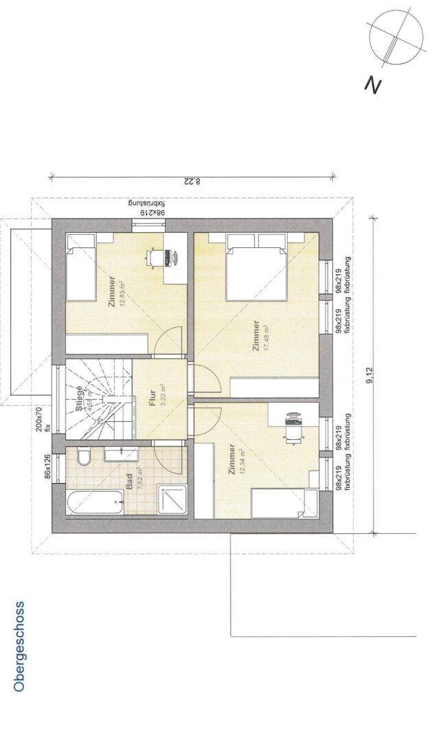 Grundriss des Obergeschosses mit drei Schlafzimmern und einem Badezimmer.