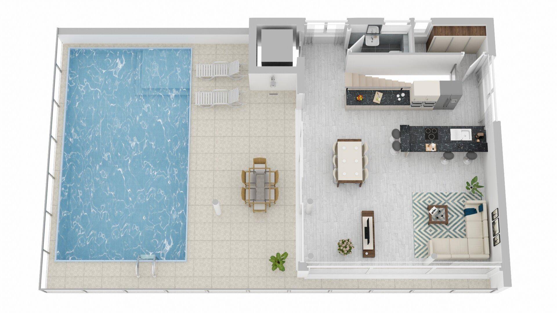 Grundriss des Obergeschosses mit Pool, Terrasse, offener Küche und Wohnbereich.