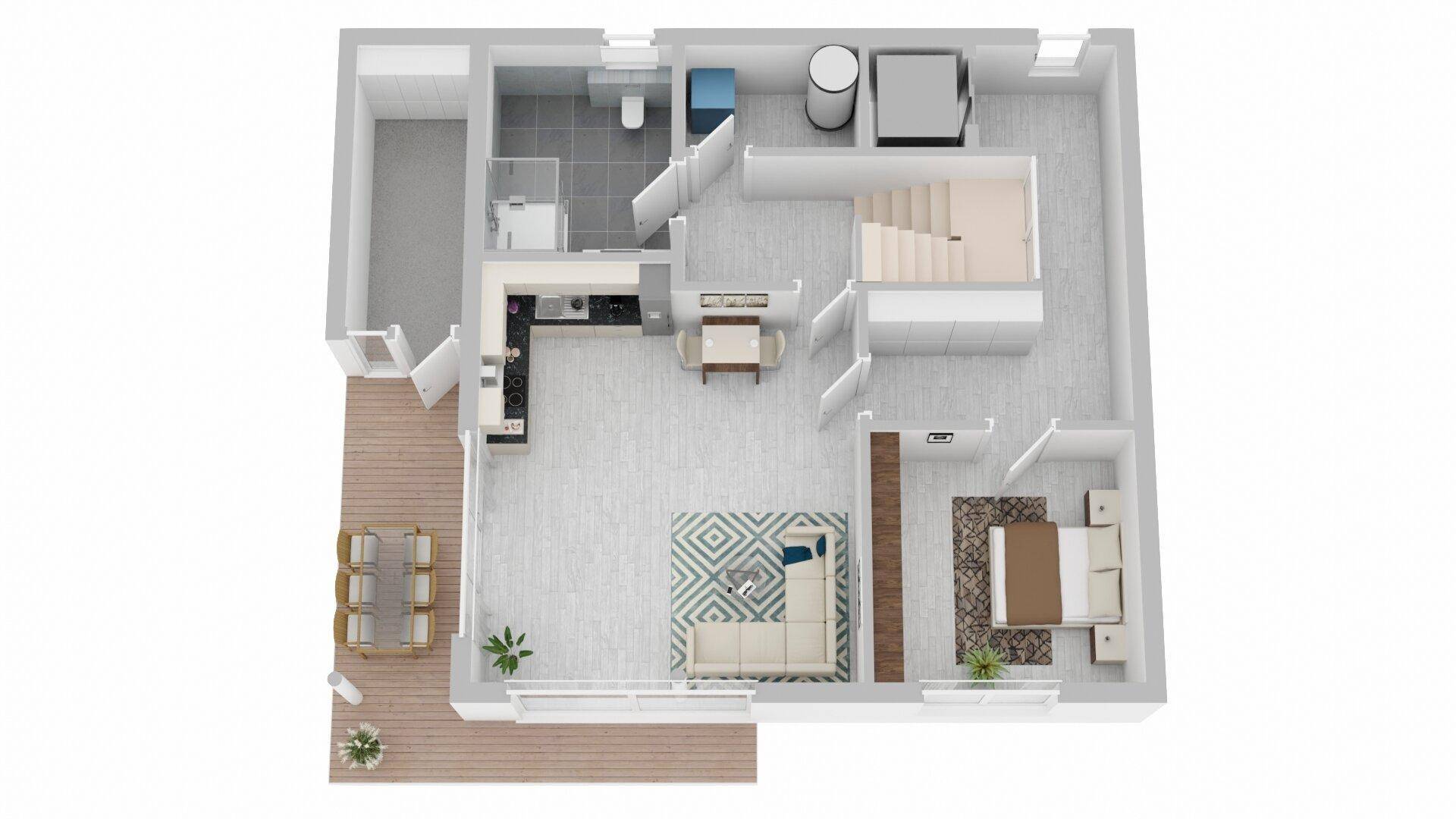 Grundriss der mittleren Etage mit Wohn-, Essbereich, Küche und Schlafzimmer.