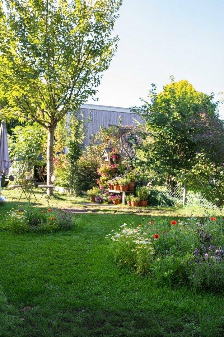 Gepflegter Garten mit Rasenfläche, Bäumen und Blumenbeeten, ideal zum Entspannen im Freien.