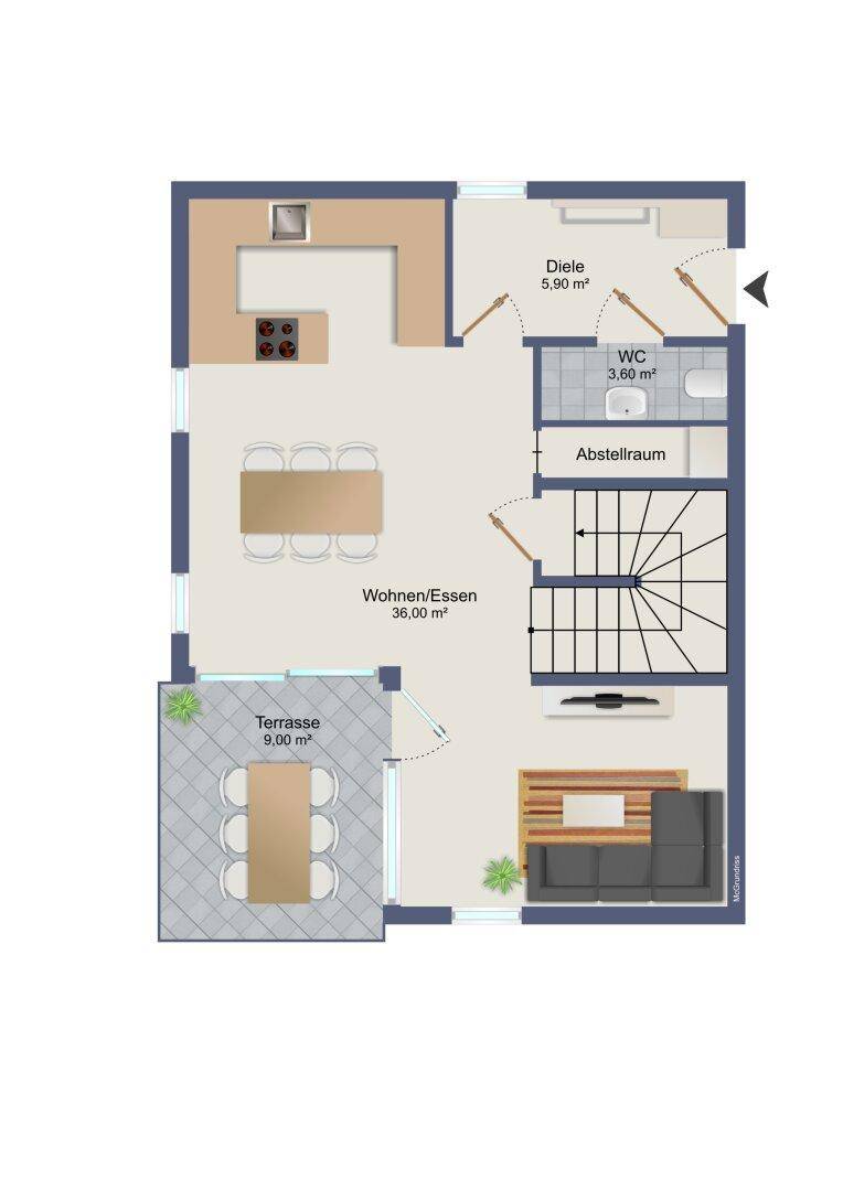 Grundriss des Erdgeschosses mit offenem Wohn-/Essbereich, Küche, WC und Terrasse.