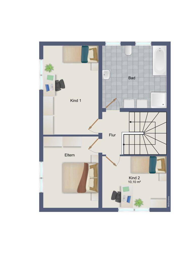 Grundriss des Obergeschosses mit drei Schlafzimmern und einem Badezimmer.