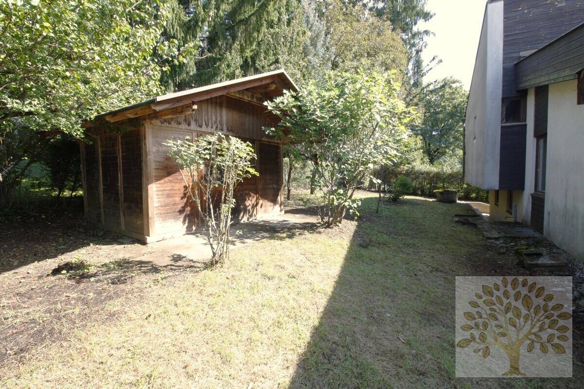 Großer Gartenbereich mit Rasenfläche, Bäumen und einem kleinen Holzschuppen.