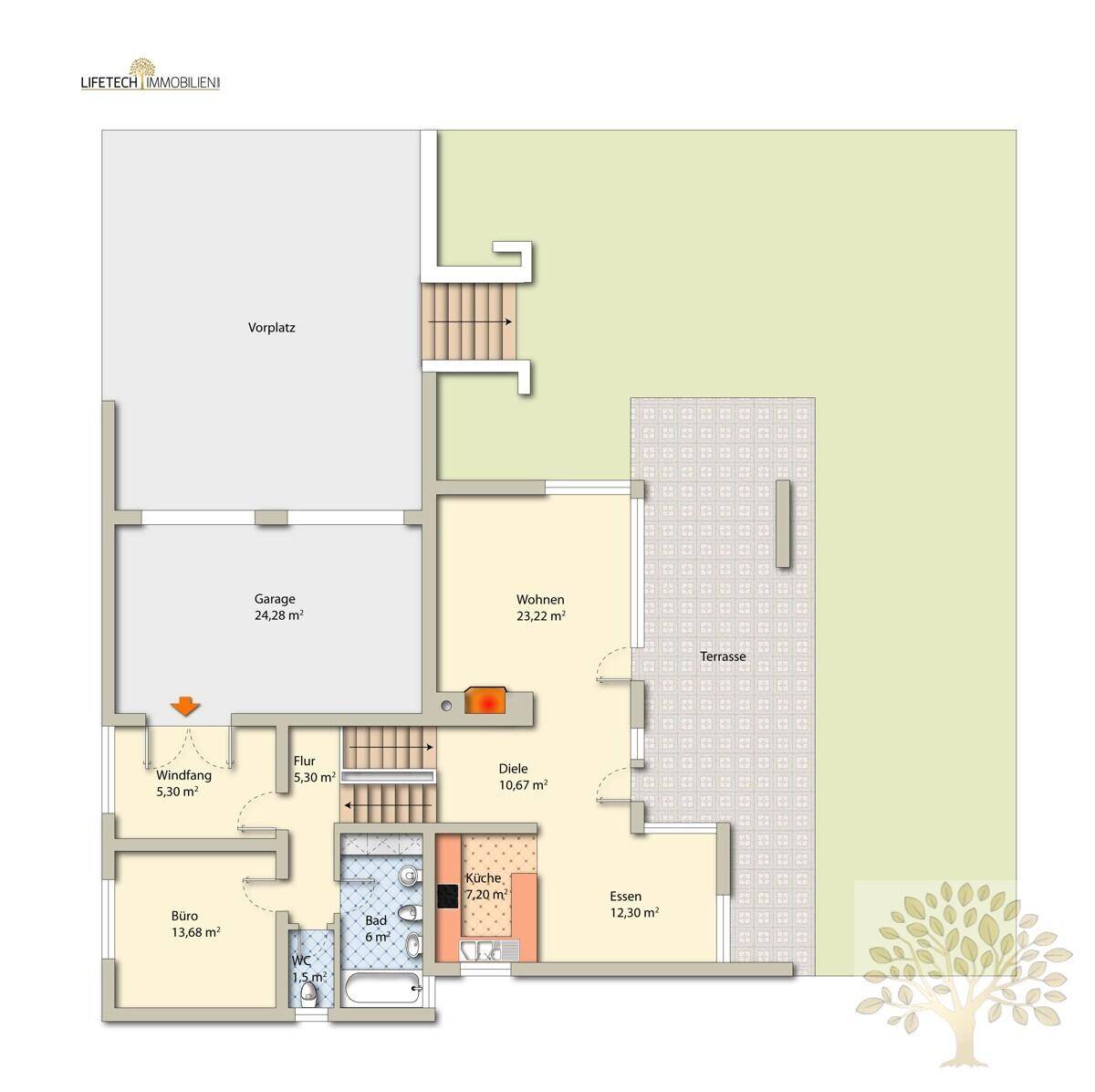 Grundriss des Erdgeschosses mit Wohnbereich, Küche, Esszimmer und Terrasse.