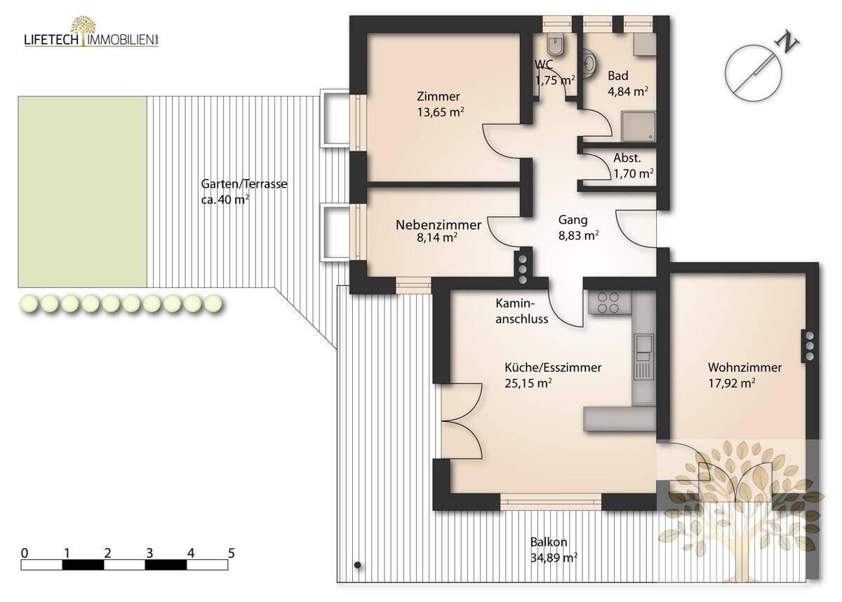 Grundriss einer Wohnung mit Wohnzimmer, großer Küche/Esszimmer, zwei Zimmern, Bad, Balkon und Garten.
