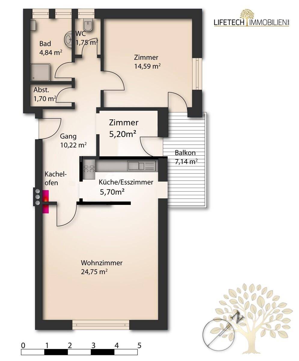 Grundriss einer Wohnung mit Wohnzimmer, Küche/Esszimmer, zwei Zimmern, Bad, Balkon und Kachelofen.
