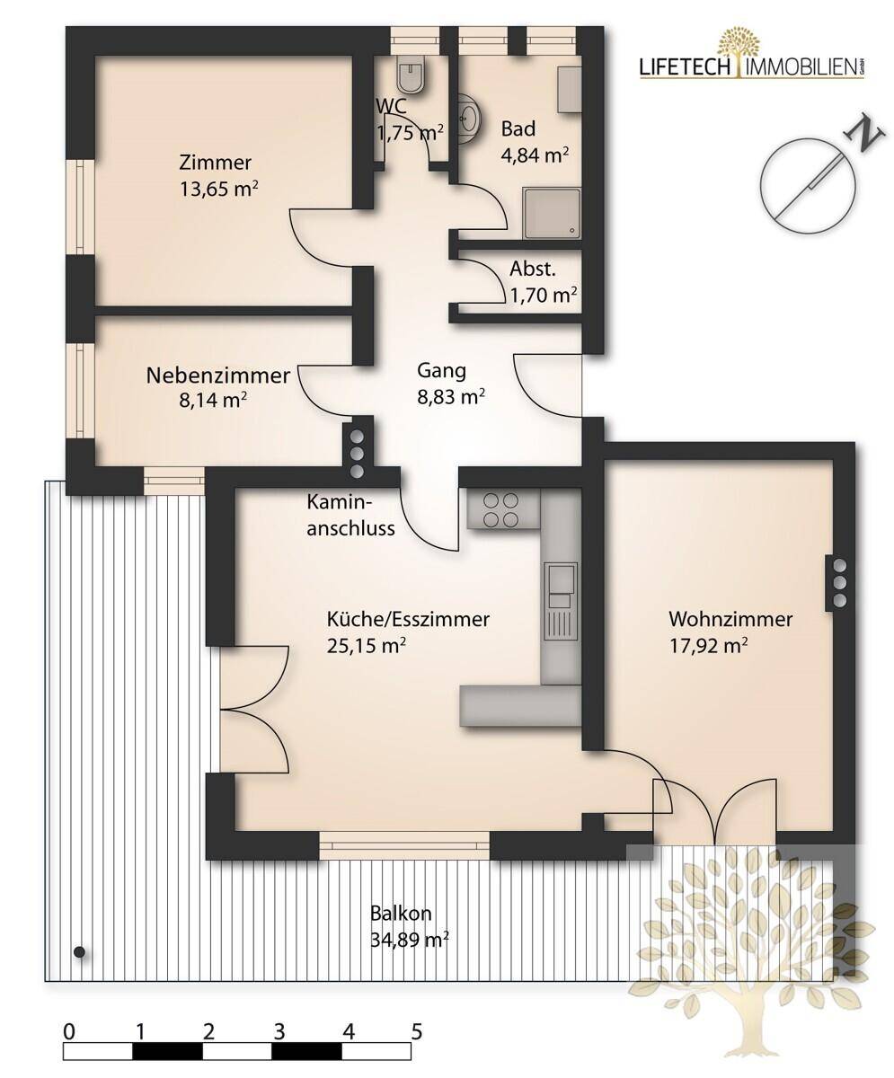 Grundriss einer Wohnung mit Wohnzimmer, großer Küche/Esszimmer, zwei Zimmern, Bad, Balkon und Kaminanschluss.