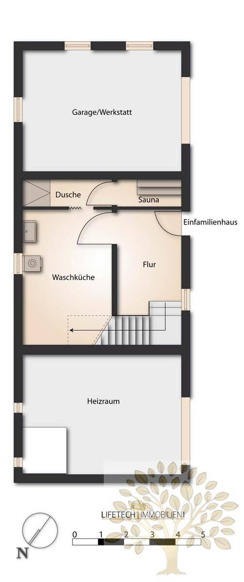 Grundriss des Untergeschosses mit Garage, Waschküche, Sauna und Heizraum.