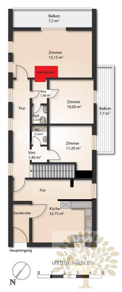Grundriss mit Küche, Garderobe, Bad, WC und mehreren Zimmern sowie zwei Balkonen.