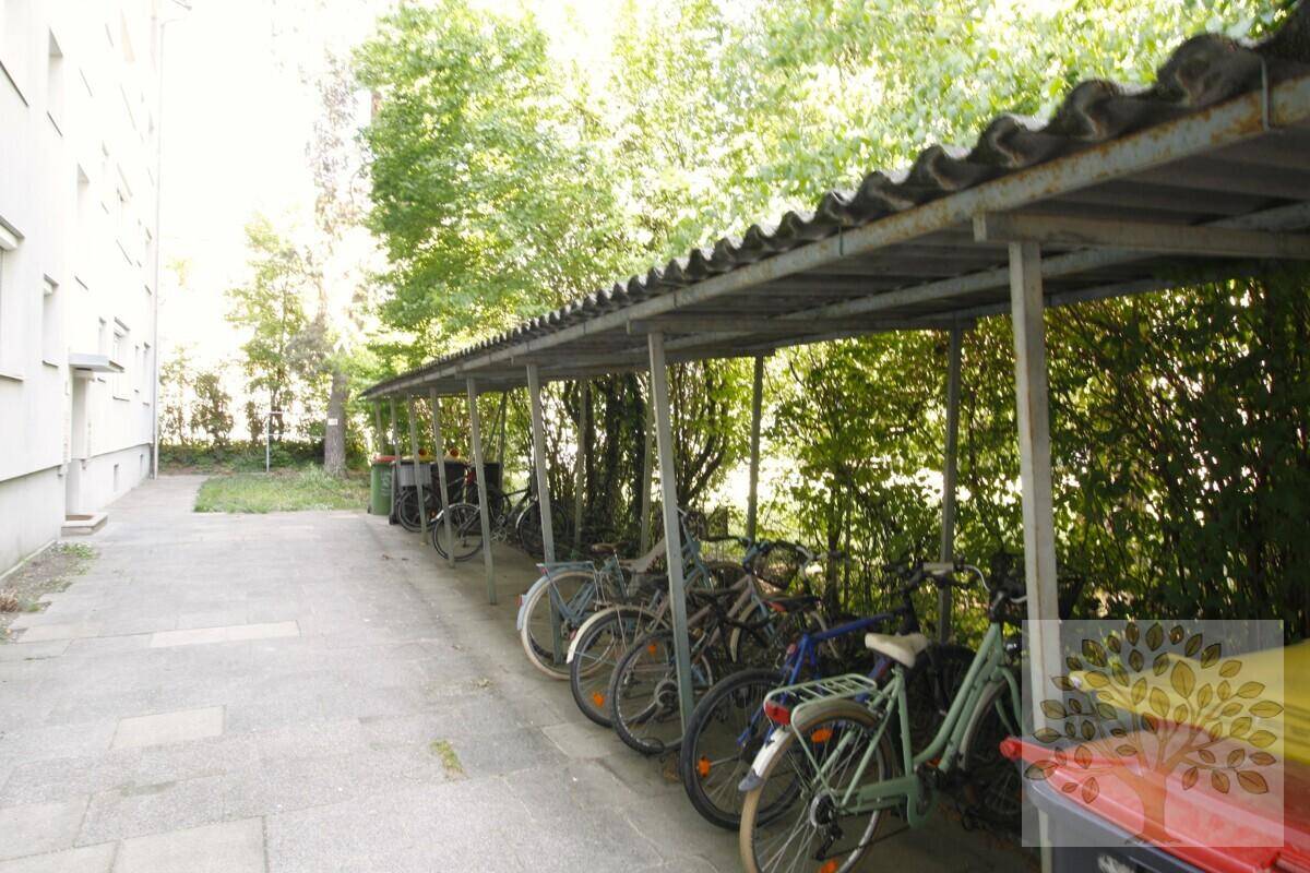 Überdachter Fahrradabstellplatz im Freien, umgeben von viel Grün und Bäumen.