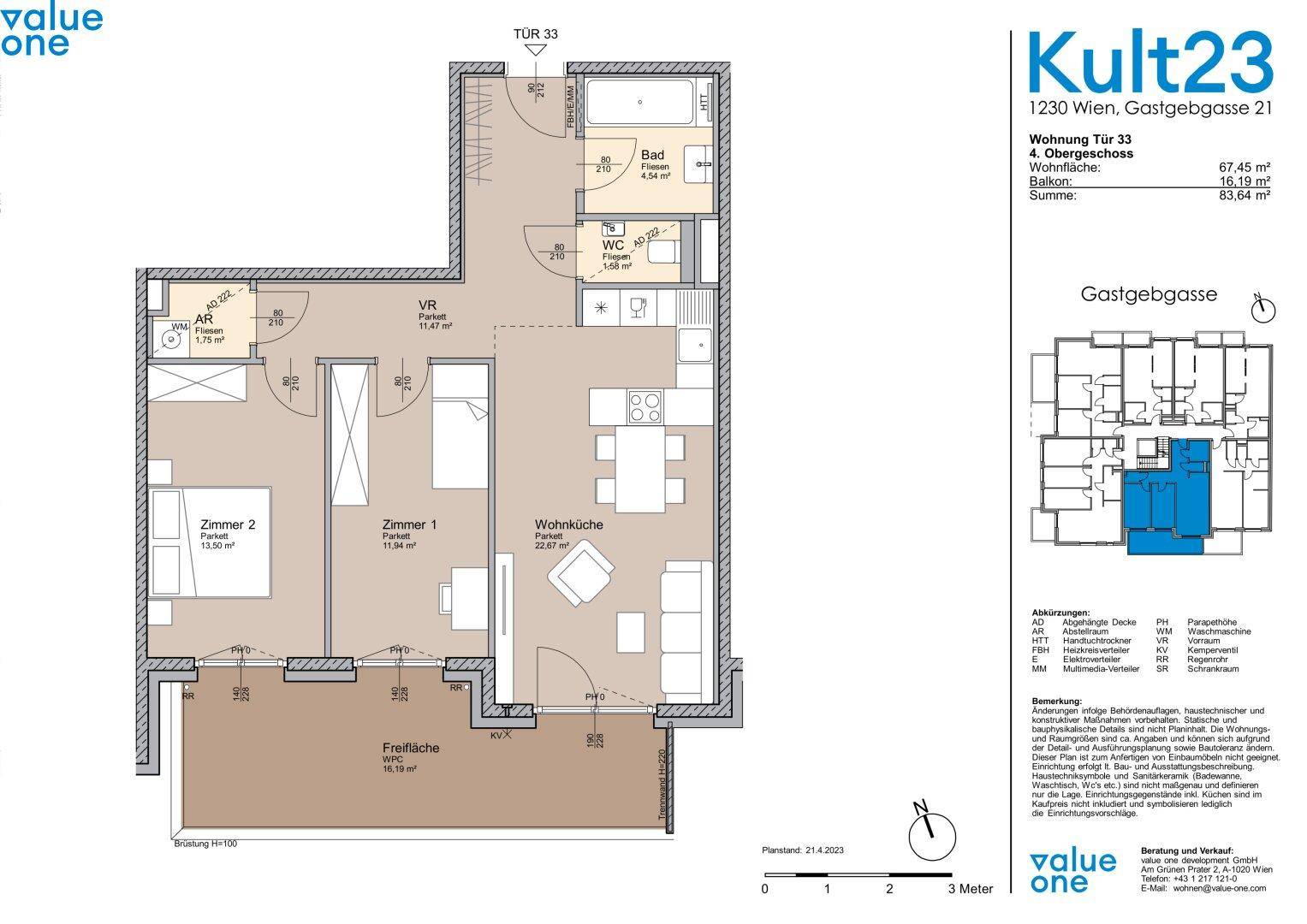 Grundriss einer modernen Wohnung mit zwei Schlafzimmern, offener Wohnküche, Bad, separatem WC und großer Freifläche.