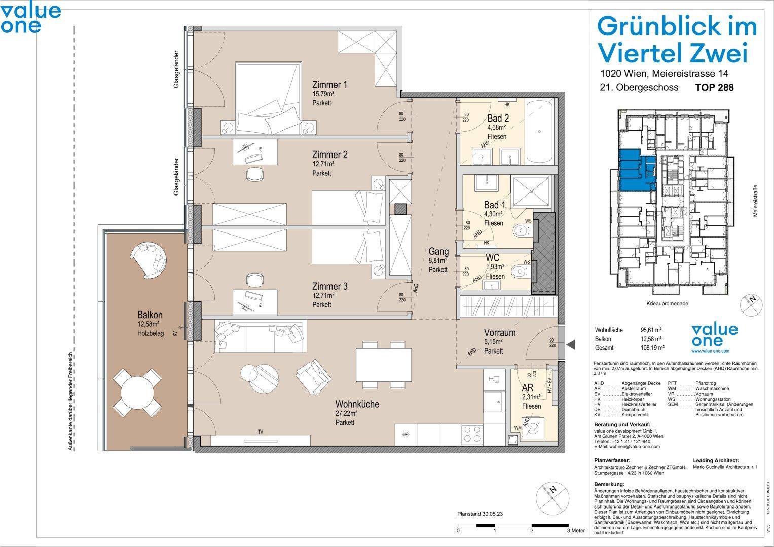 Grundriss einer 3-Zimmer-Wohnung mit Balkon, zwei Bädern und separatem WC.