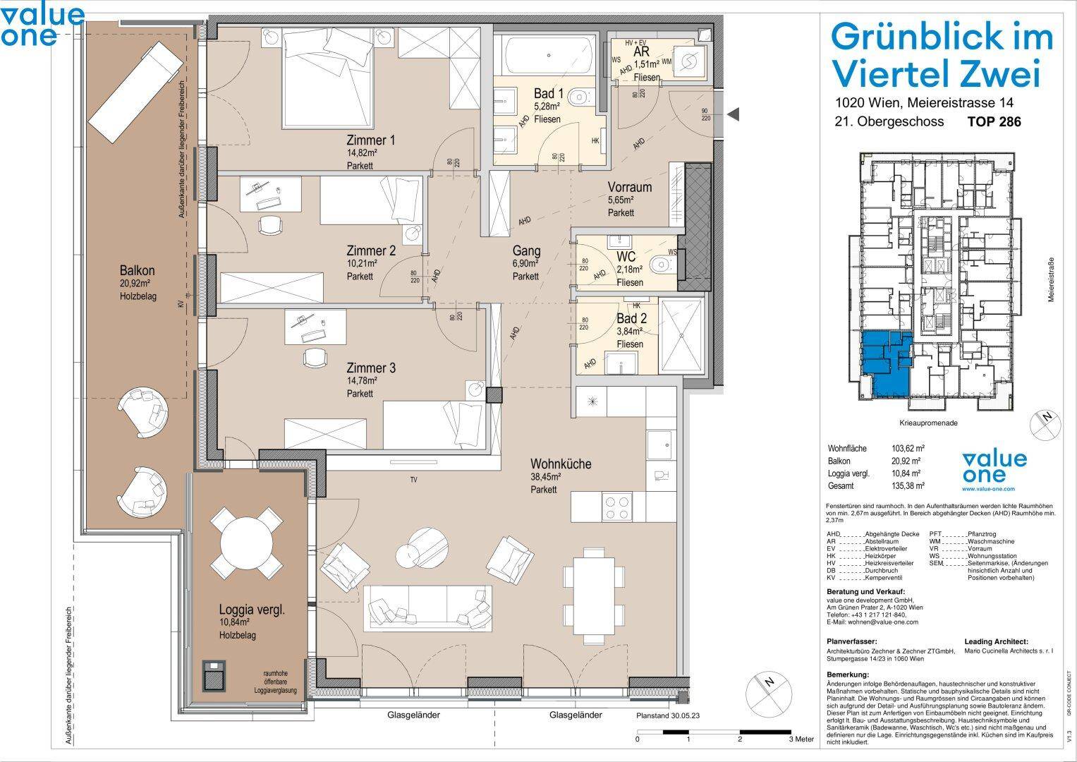 Detaillierter Grundriss einer Wohnung mit drei Zimmern, Balkon und Loggia.