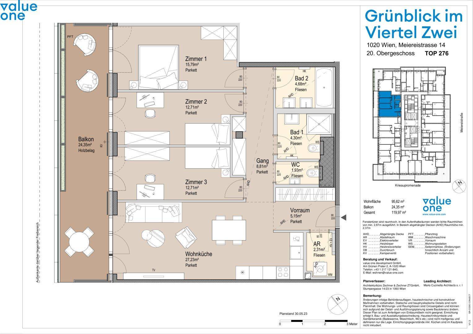 Grundriss einer 3-Zimmer-Wohnung mit Balkon, zwei Bädern und separatem WC.