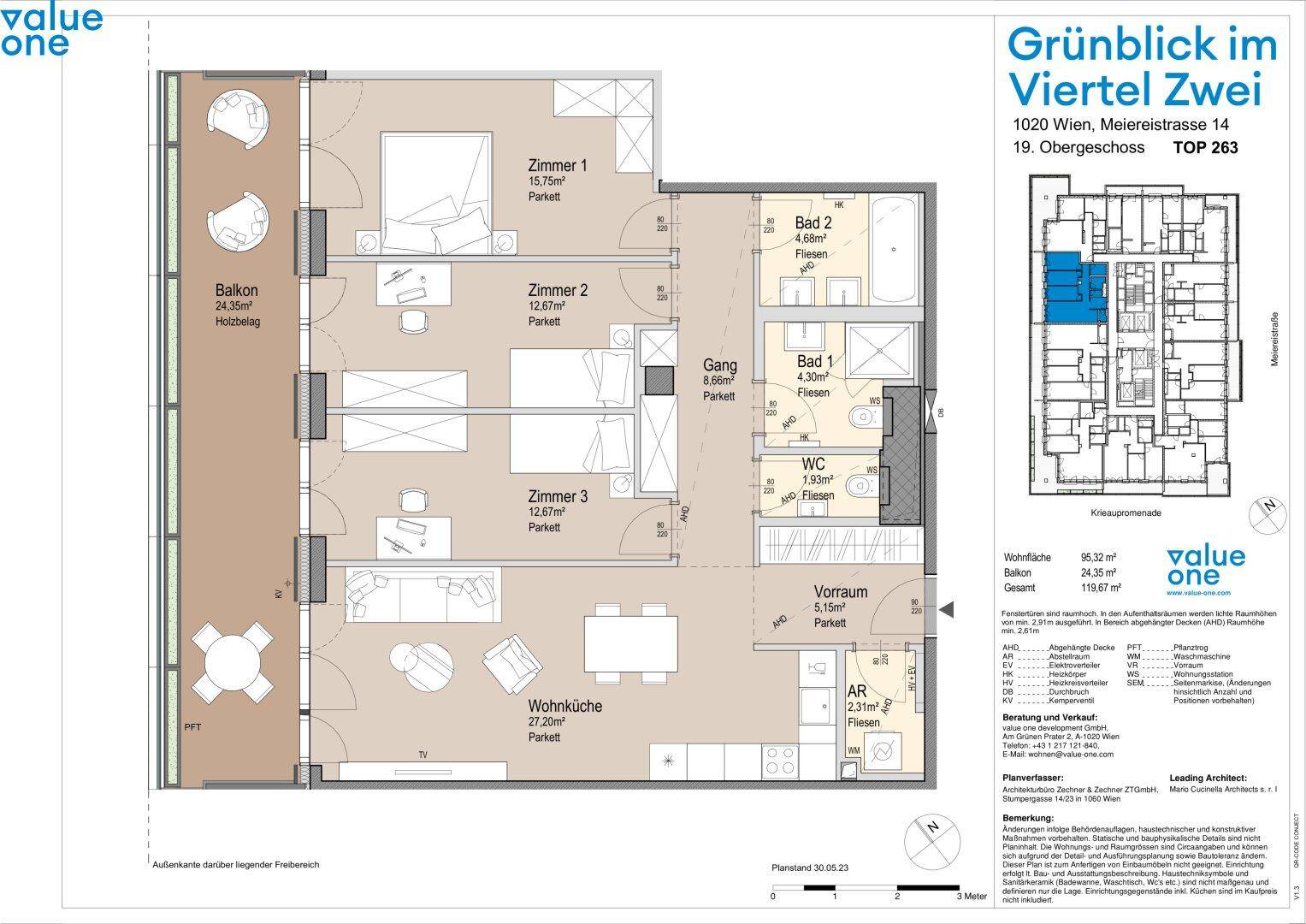 Grundriss einer Wohnung im 19. Obergeschoss mit drei Zimmern, Balkon und zwei Bädern.