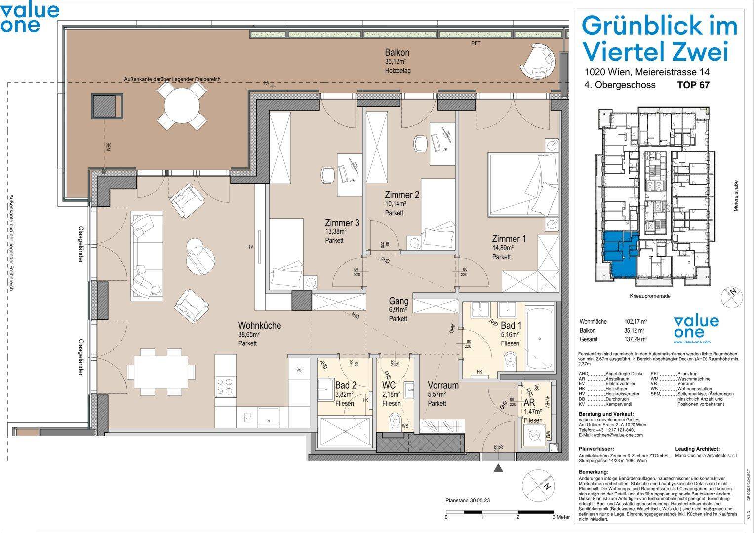 Detaillierter Grundriss einer Wohnung im 4. Obergeschoss mit Balkon und drei Zimmern.