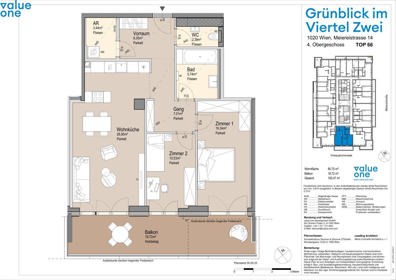 Detaillierter Grundriss einer Wohnung mit drei Zimmern, Balkon und separatem WC.