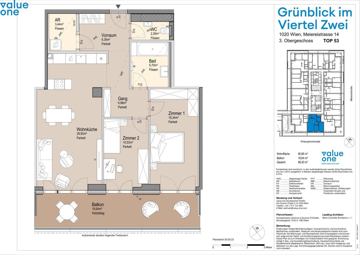 Detaillierter Grundriss einer Wohnung mit drei Zimmern, Balkon und separatem WC.