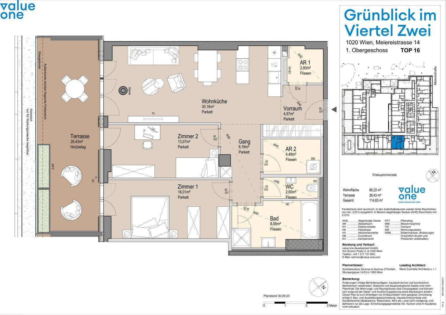 Detaillierter Grundriss einer Wohnung mit drei Zimmern, offener Wohnküche, Terrasse und separatem WC.