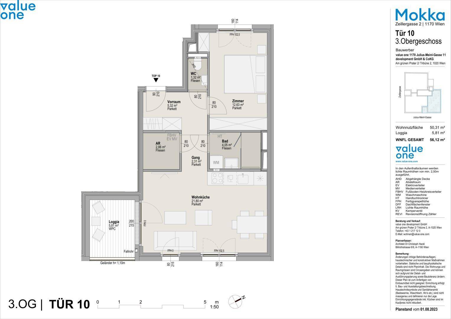 Grundriss einer Wohnung im 3. Obergeschoss mit Loggia, Schlafzimmer und Wohnküche.