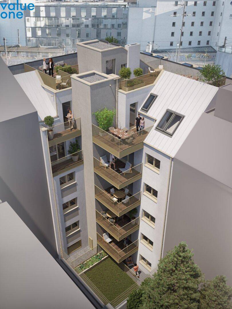 Moderne Architektur mit gestaffelten Balkonen und Dachterrassen in urbaner Umgebung.