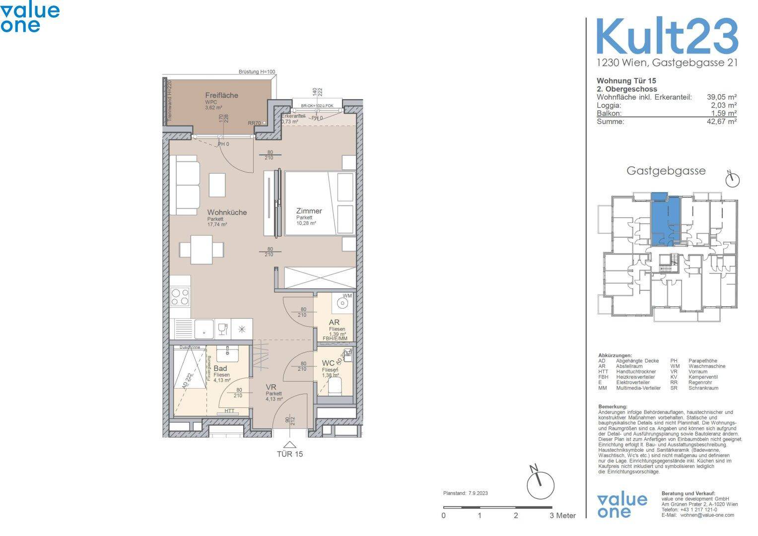 Grundriss der Wohnung Tür 15 im 2. Obergeschoss mit Loggia und Balkon.