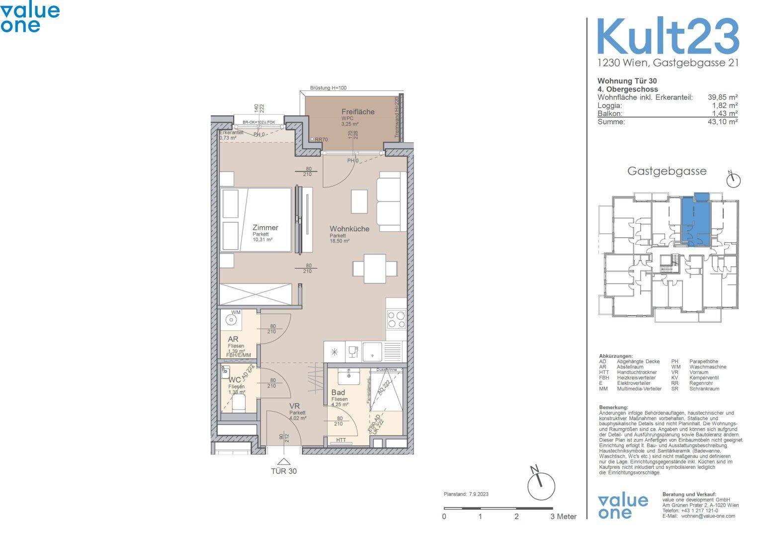 Grundriss einer 1-Zimmer-Wohnung im 4. Obergeschoss mit Loggia und separatem Bad.