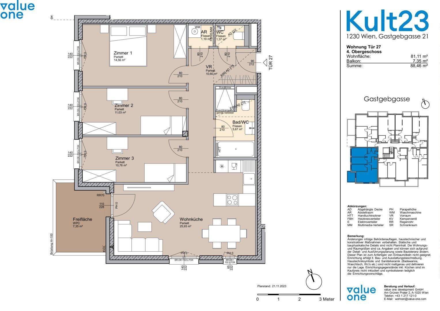 Grundriss einer 81,11 m² Wohnung mit drei Zimmern, Wohnküche und Balkon.