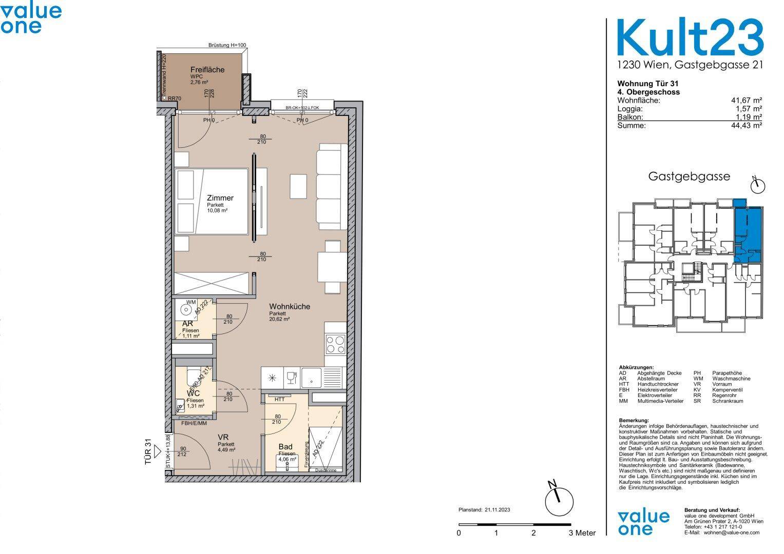Detaillierter Grundriss einer Wohnung im 4. Obergeschoss mit Wohnküche und Balkon.