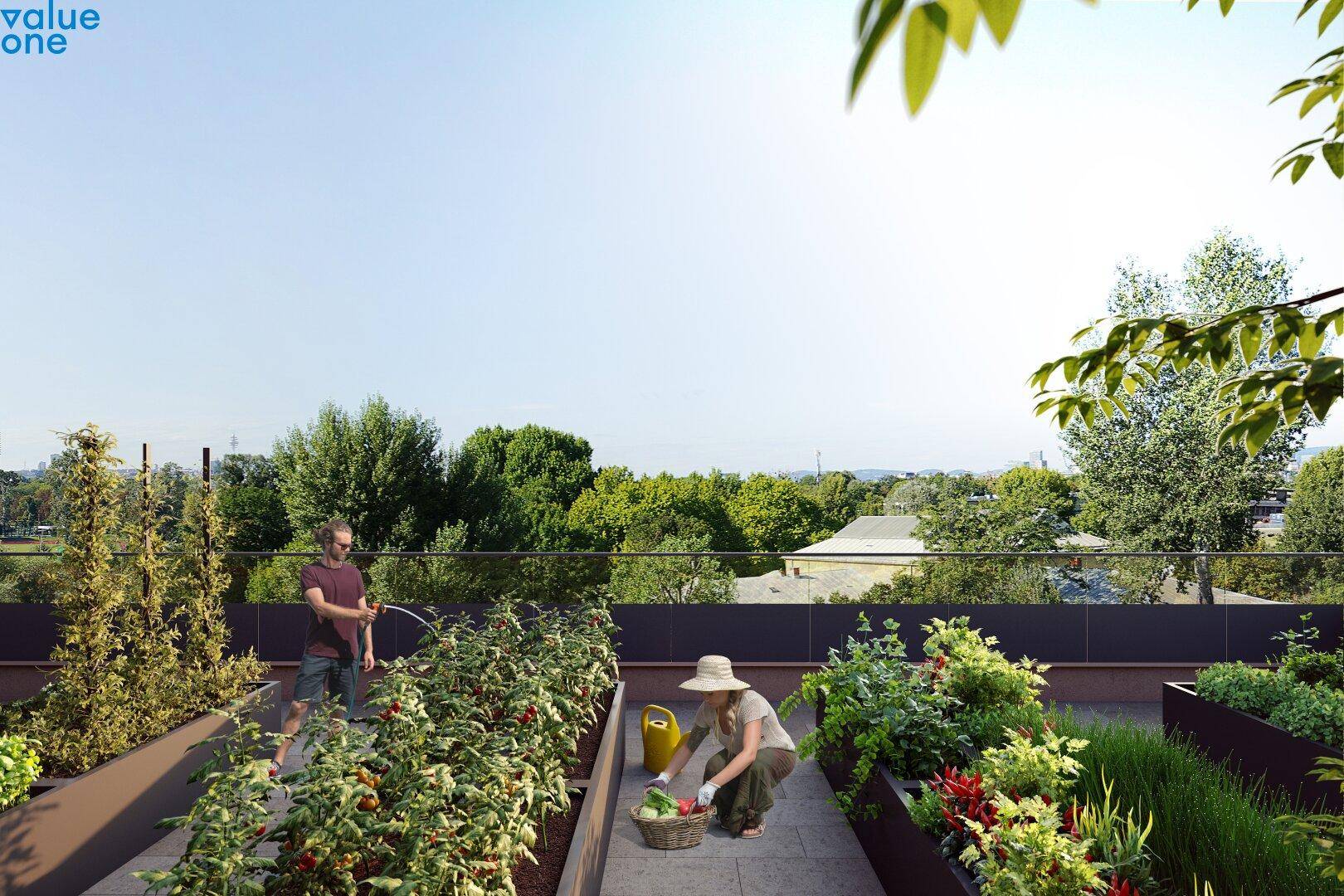 Grüner Dachgarten mit Gemüsebeeten und Personen bei der Gartenarbeit unter blauem Himmel.